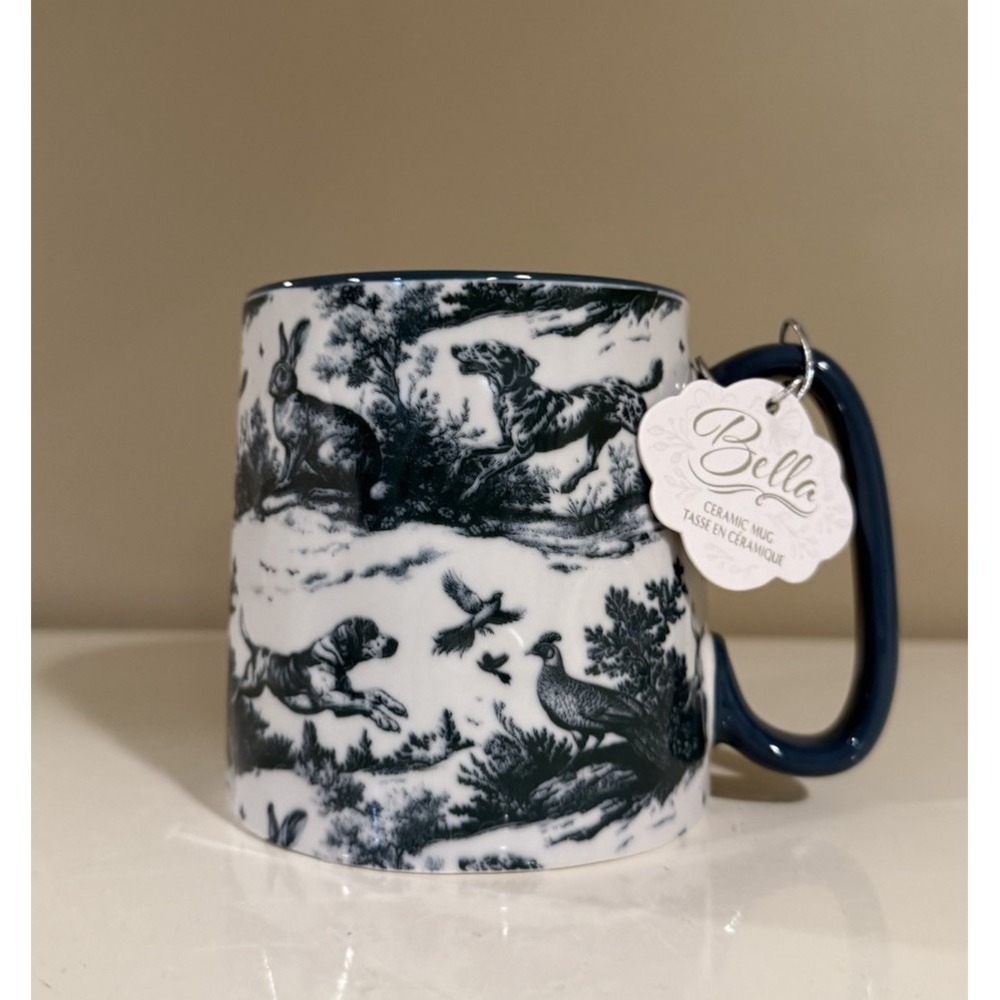 10 Strawberry Street Bella THE HUNT DOGS RABBIT PHEASANT Blue Ceramic Mug - NEW
